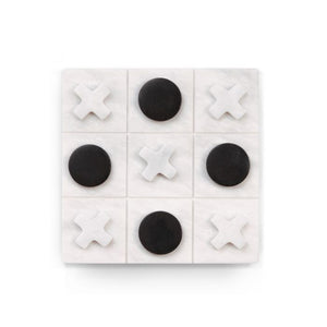 The BEYBERK INTERNATIONAL MARBLE TIC TAC TOE SET features white Xs and black circles on a white grid, with a winning row of Xs displayed at the bottom.