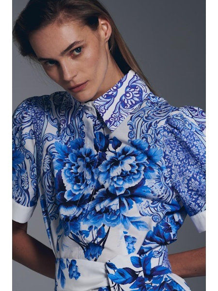 MILVA MI - COTTON FLORA PRINT DRESS IN BLUE AND WHITE - Fearrington Village MILVA MI - COTTON FLORA PRINT DRESS IN BLUE AND WHITE - Fearrington Village