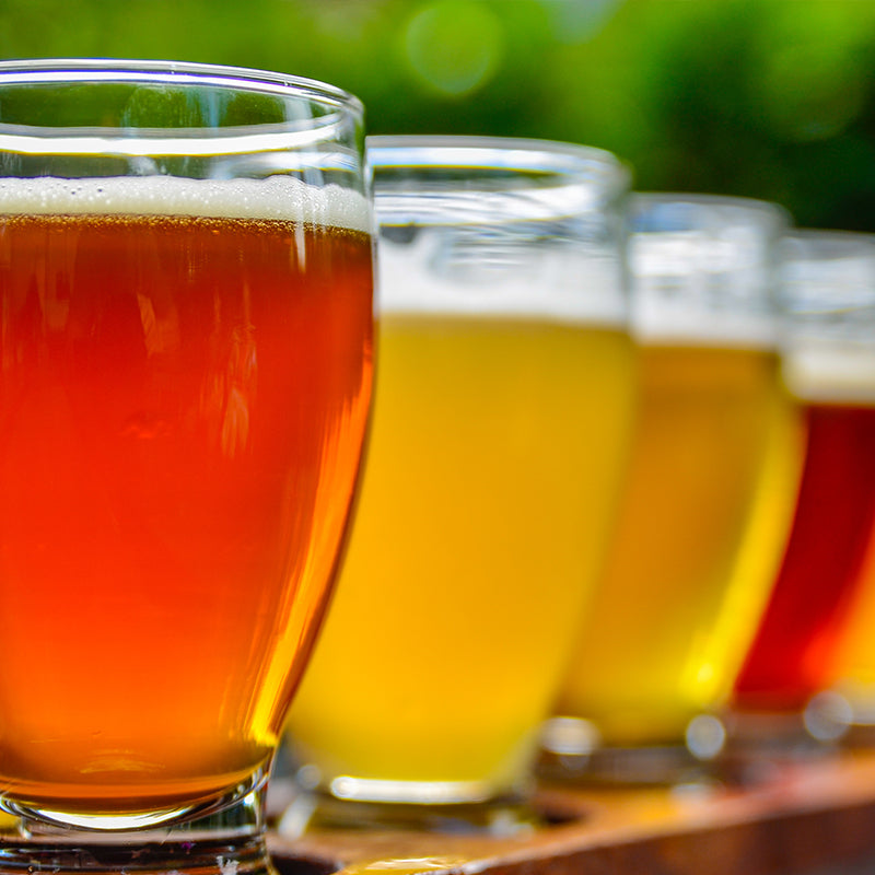 A close-up of several glasses filled with different types of beer, varying in color from amber to pale yellow, arranged in a row outdoors with a blurred green background.