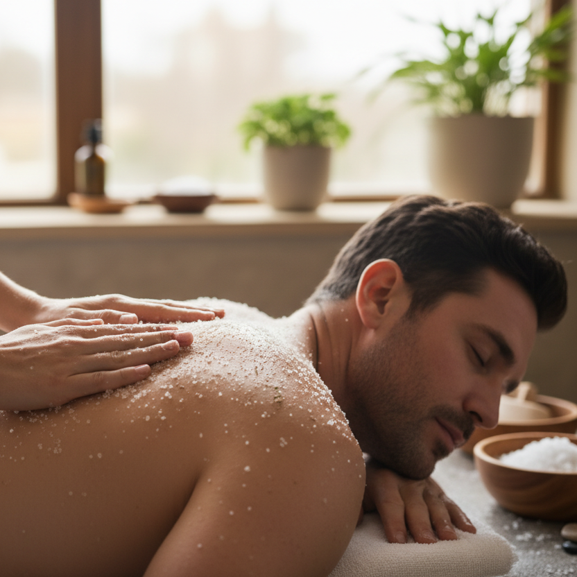 A man lies face down with his eyes closed, receiving a back massage with exfoliating salt in a spa setting. The background features potted plants and wooden bowls, contributing to a serene atmosphere.