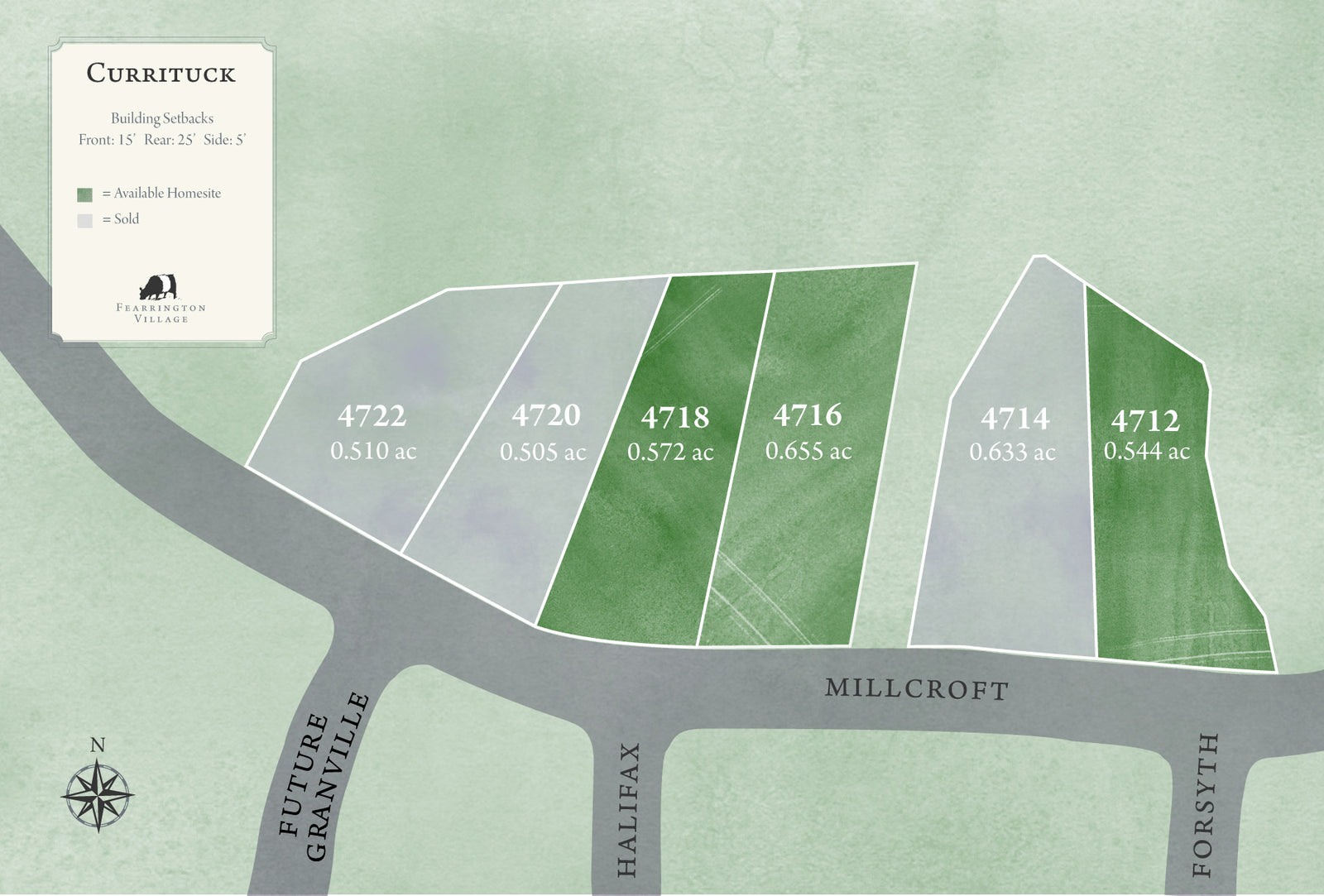 Map showing five adjacent residential lots along Millcroft Road in Farmerston Village, labeled 4722 to 4714, with size ranging from 0.510 to 0.633 acres. The lots are outlined, with two marked as available homesites.