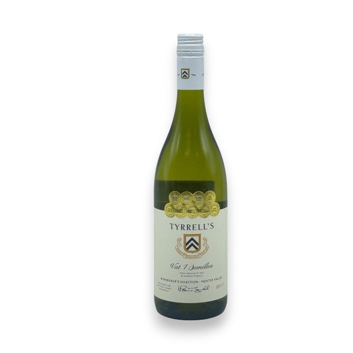 A TYRRELL'S VAT 1 SEMILLION 2017 wine bottle, from the prestigious Hunter Valley by WINE: WINEBOW, features a green and white label with gold medals and distinctive text. It has a green tint and dark green cap, highlighting its New South Wales heritage.