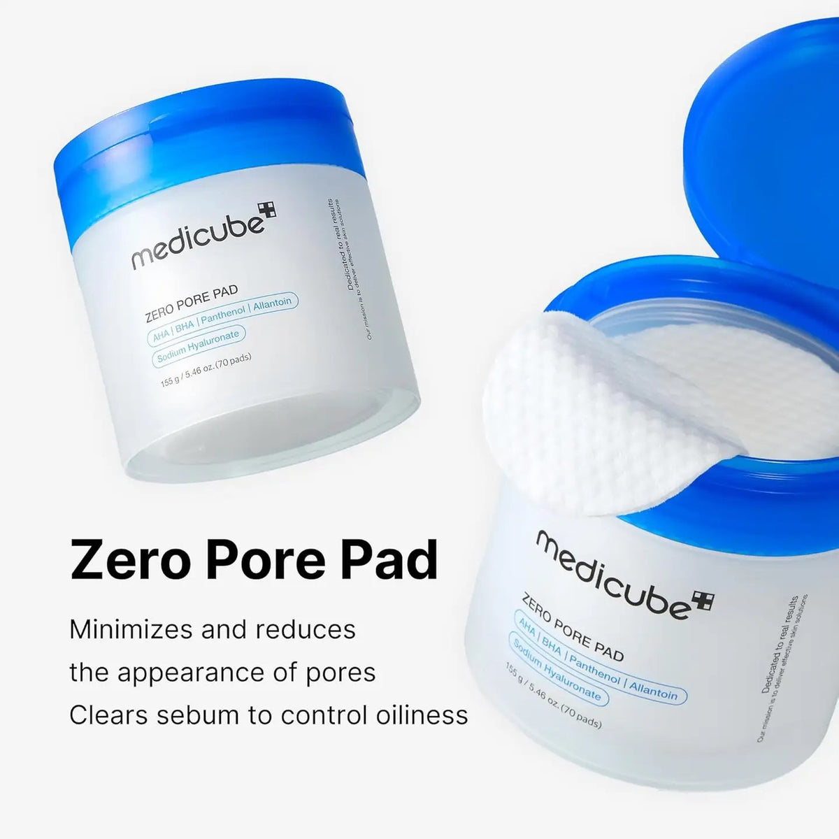 The image depicts two containers of MEDICUBE - ZERO PORE PAD by ASIAN BEAUTY WHOLESALE. One container is closed showing the label, while the other is open, displaying white textured pads designed to minimize pores, exfoliate skin, and control sebum production effectively.