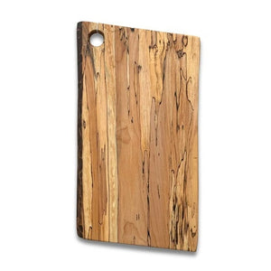 Handcrafted by PETERMANS BOARDS & BOWLS INC, the SPENCER PETERMAN - NATURAL EDGE SPALTED MAPLE RECTANGULAR BOARD 15" features a beautiful natural spalted maple grain, slightly angled sides, and a convenient small hole in the top right corner for hanging. Its dark rustic edges highlight the wood's unique character, making it an elegant choice for serving charcuterie or as a decorative cutting board.
