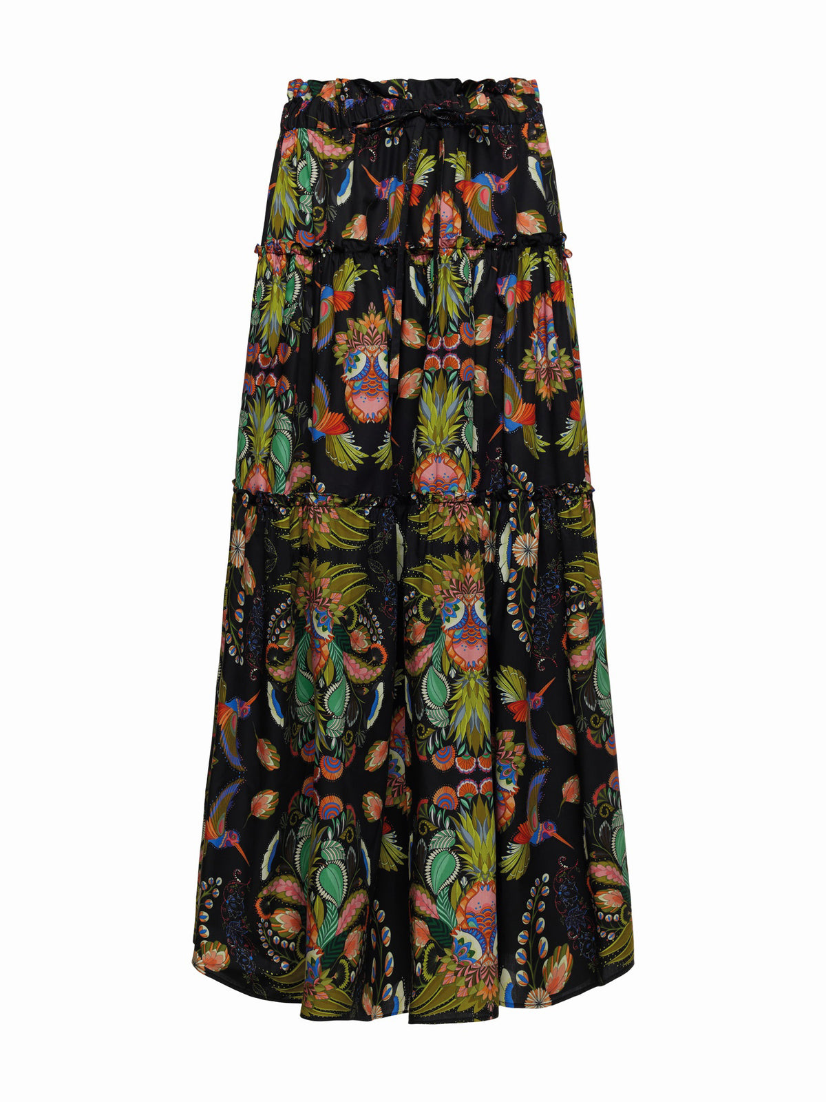 The FRANCO FERRARI Cotton Tiered Max Skirt is an A-line maxi skirt featuring large abstract orange, green, and blue flowers on a light background. Made from cotton, it offers comfort with an elasticized drawstring waist for an adjustable fit.