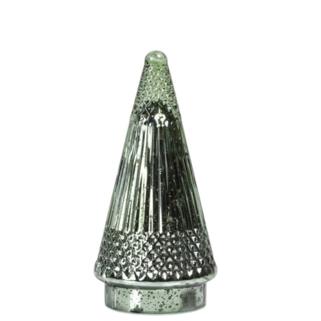Small SIBERIAN ANTIQUE GLASS LED TREE IN GREEN, a cone-shaped green glass Christmas tree ornament with a textured, metallic finish.