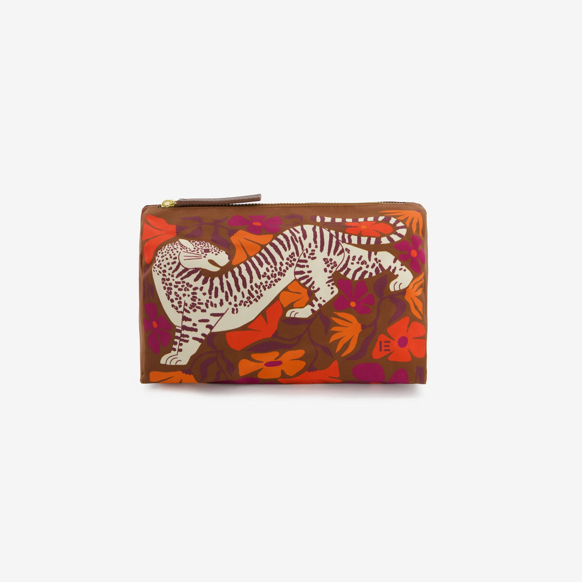 The INOUI EDITIONS - PANTEO COSMETIC BAG by INOUI is a brown zippered pouch made in India, showcasing an illustrated white and brown tiger among orange, red, and purple floral patterns on the front.