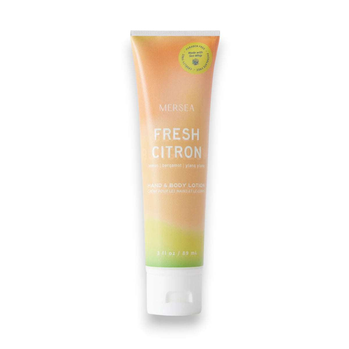 A 3 fl oz (89 ml) tube of MERSEA - FRESH CITRON SEA WHIP LOTION, enriched with Dead Sea Salt, features a gradient orange-yellow-green design with white text and cap.