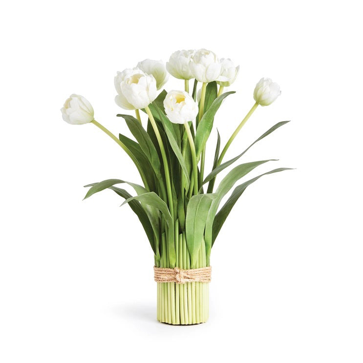The NAPA HOME AND GARDEN - PEONY TULIP DROP IN 18 features no-maintenance white tulips and green leaves, upright and tied with natural jute twine, against a white background.