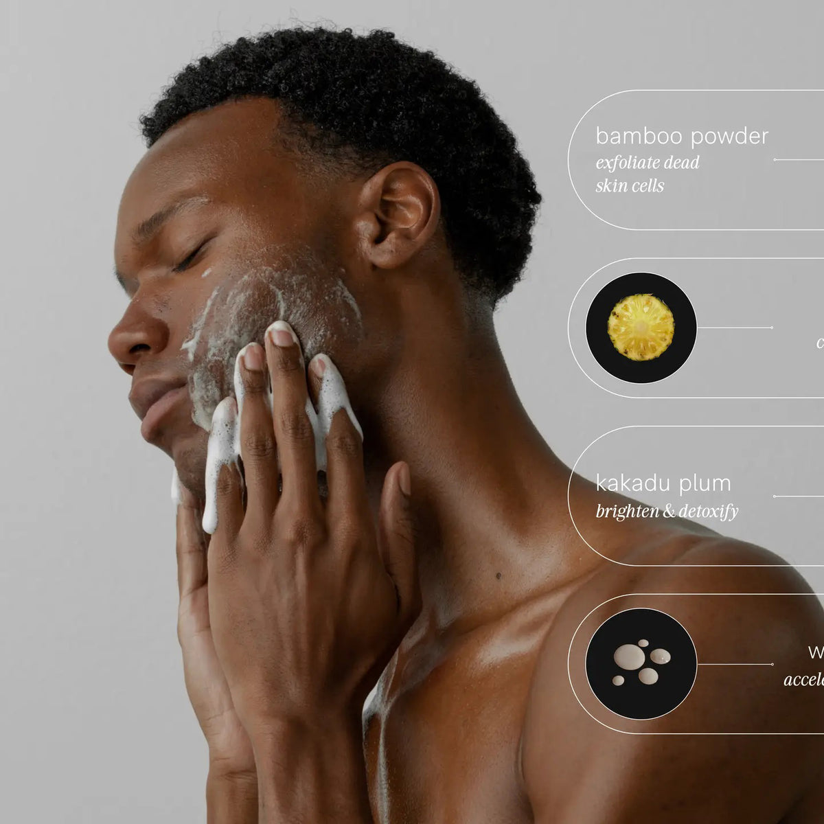 A sleek black pump bottle labeled &quot;JACK HENRY - SUPER FACE CLEANSER&quot; by JACK HENRY, infused with kakadu plum, vitamin C, citrus, and coriander leaf, stands casting a shadow on a white background.