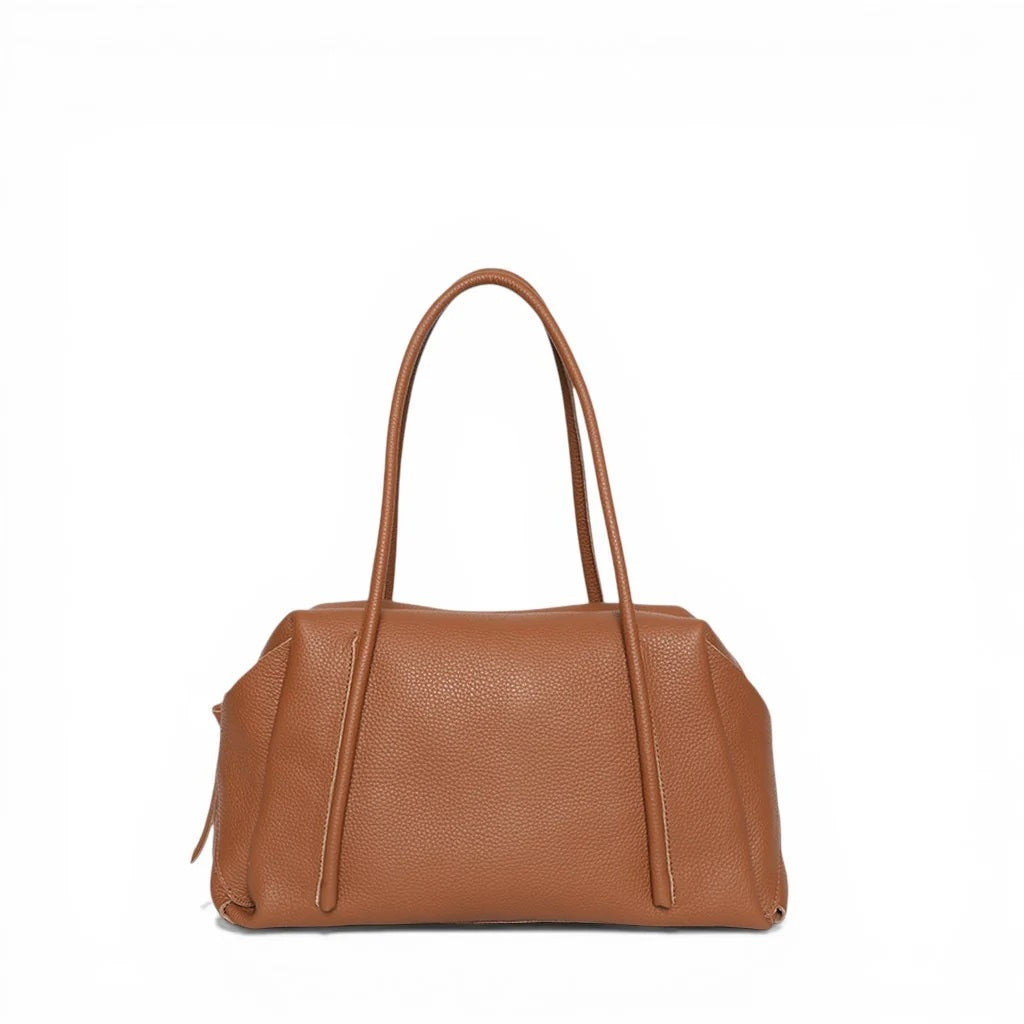 OLIVEVE Solara Satchel in caramel Italian buffalo cowhide leather with long shoulder straps and a top zipper closure.