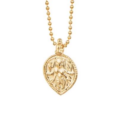 Introducing the JUJU - PROTECTION DURGA CHARM: a gold pendant necklace featuring an intricately designed medallion. The medallion depicts a detailed figure of the Durga Goddess with multiple arms, set against a rounded teardrop-shaped backdrop. This exquisite piece from JUJU, available at Juju Supply Co., hangs from a beaded gold chain, adding an aura of lucky charms to any outfit.
