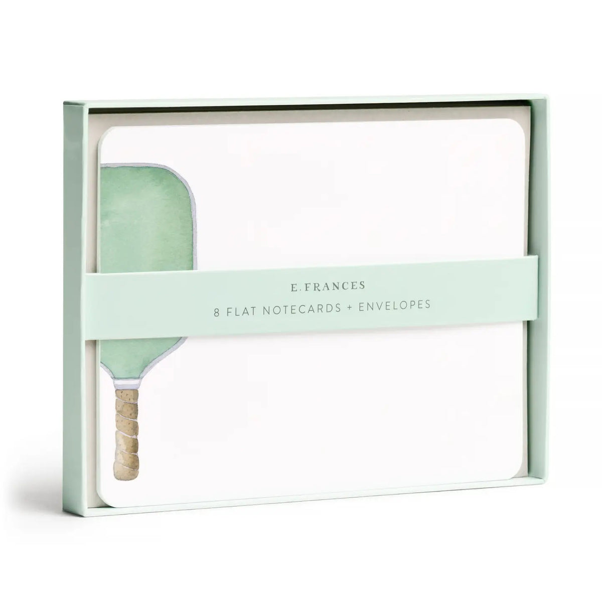 The E. FRANCES PAPER Pickleball Flat Notes boxed set includes 8 flat notecards with matching envelopes, each featuring a green pickleball paddle illustration—made in the USA.