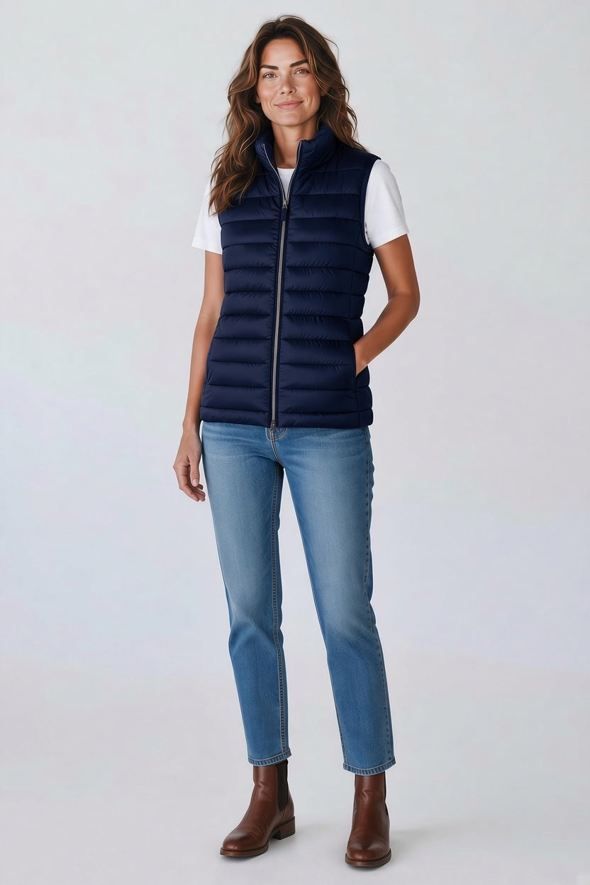 A person wears a dark blue SAVE THE DUCK - LYNN PUFFER VEST IN NIGHT BLUE over a white t-shirt, blue jeans, and brown ankle boots.