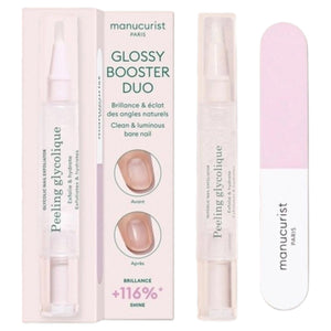 Two close-up images of a fingernail labeled “Before” and “After” show noticeably increased shine—perfect for achieving glossy nails with the MANUCURIST - GLOSSY BOOSTER DUO by MANUCURIST INC. The text reads “+116% instant shine*,” referencing an instrumental test conducted on 28 subjects. Inspired by the Japanese manicure technique, this nail exfoliator transforms dull nails into brilliantly radiant ones.