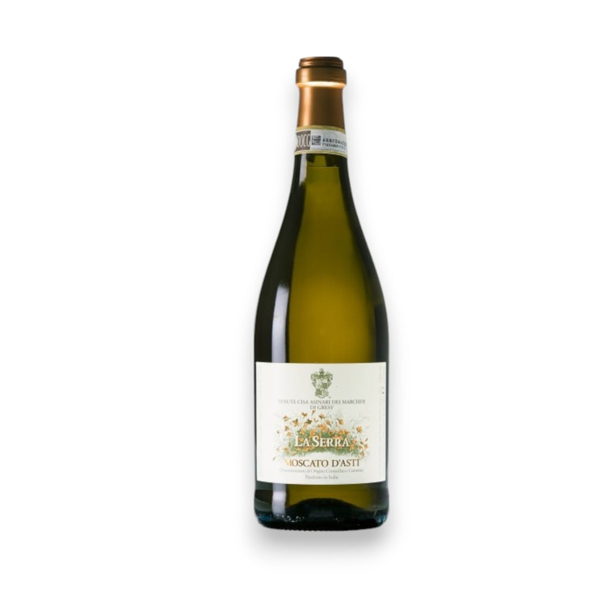 A bottle of MARCHESI DI GRESY LA SERRA MOSCATO 2023 from WINE: WINEBOW stands upright on a white background, featuring a gold foil top and a light-colored label.