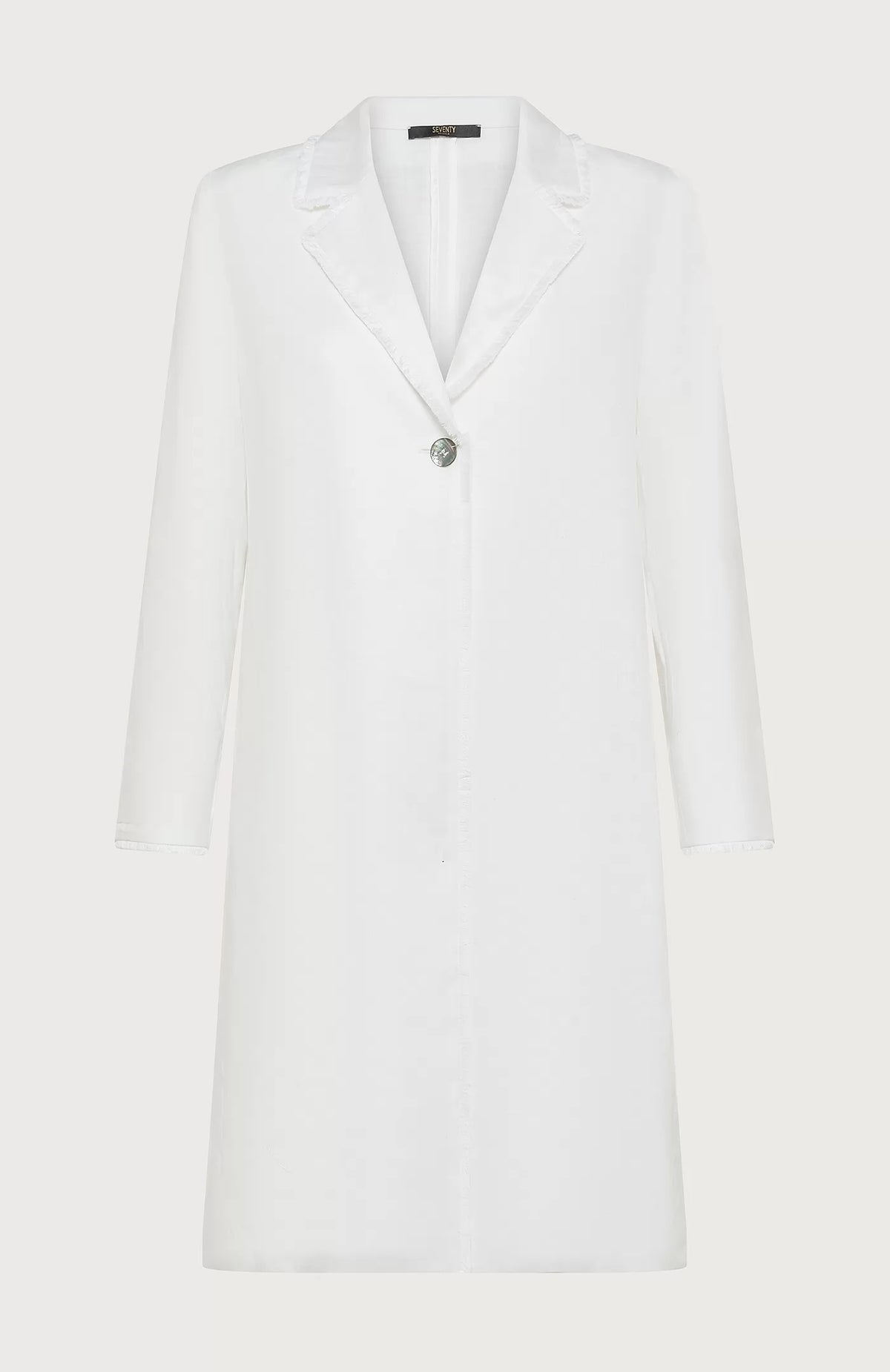 Embrace elegance with the SEVENTY VENEZIA stretch linen overcoat by SEVENTY. This white coat boasts a single button closure, notched lapel, and relaxed fit, delivering a minimalist yet chic knee-length silhouette perfect for any ensemble.