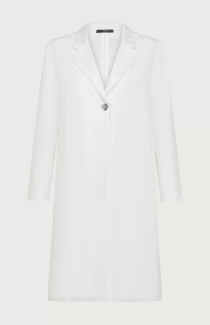 Embrace elegance with the SEVENTY VENEZIA stretch linen overcoat by SEVENTY. This white coat boasts a single button closure, notched lapel, and relaxed fit, delivering a minimalist yet chic knee-length silhouette perfect for any ensemble.
