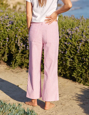 The FRANK & EILEEN Wexford Wide Leg Linen Pant in Red Stripe features high-waisted, wide-leg, red and white vertical stripes and is shown laid flat on a white background.