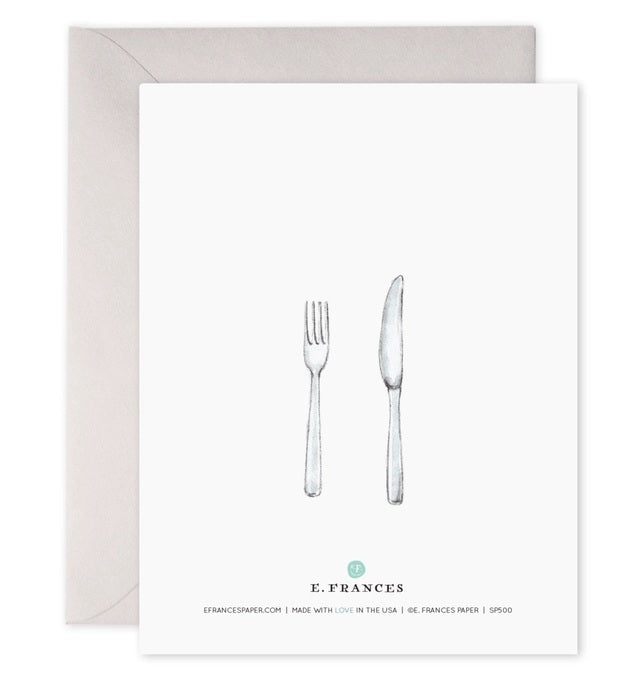 The E. FRANCES - SALT N PEPA ANNIVERSARY CARD by E. FRANCES PAPER features watercolor salt and pepper shakers with "still good together" and "happy anniversary" on heavyweight paper, visible envelope included, made in the USA.
