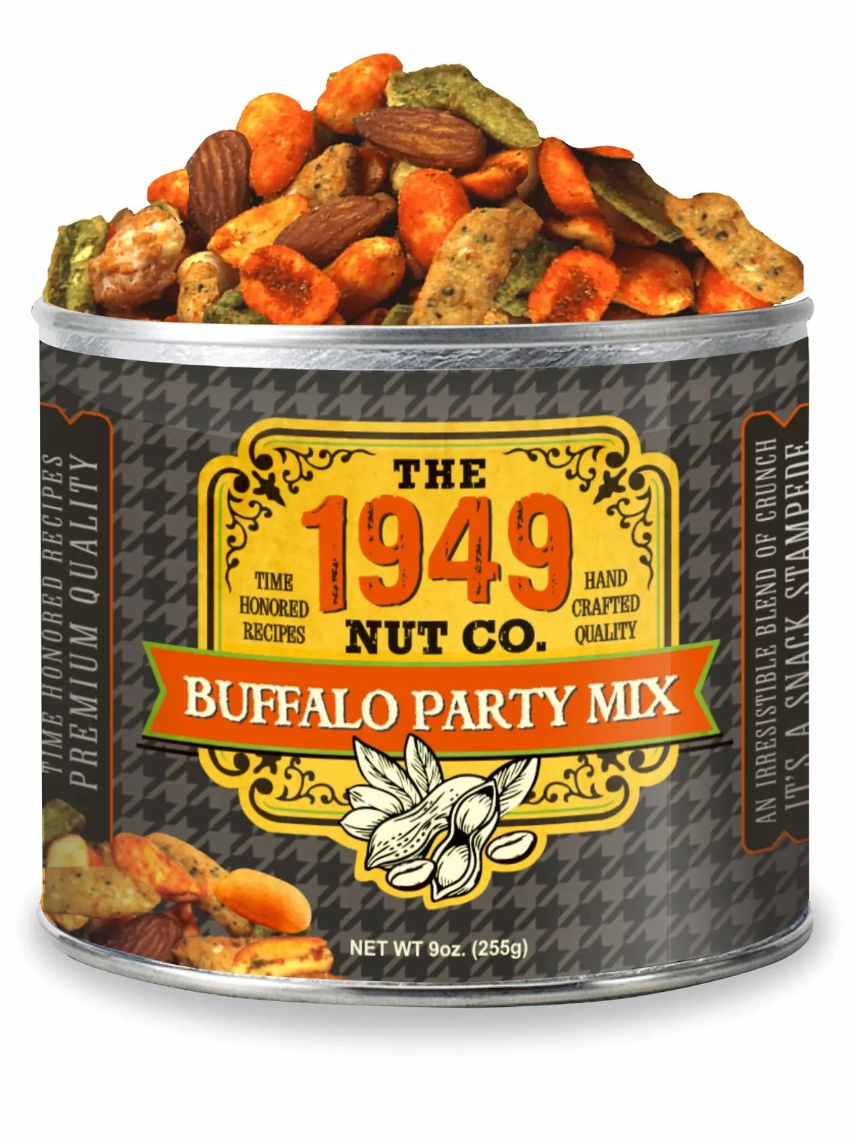 A can of 1949 NUT COMPANY- BUFFALO PARTY MIX by 1949 NUT COMPANY features a savory blend of nuts and snacks, packed in a black and orange can with vintage-inspired text and illustrations. With a net weight of 9 oz (255g), every bite offers the bold flavor of oil roasted peanuts in this unique Buffalo Party Mix.