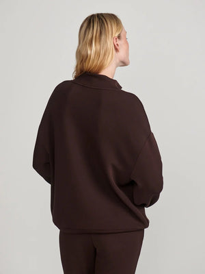 VARLEY - BETSY SWEATSHIRT IN COFFEE BEAN in dark brown DoubleSoft fabric, featuring a long-sleeved silhouette with a high cowl neckline and a drawstring hem.