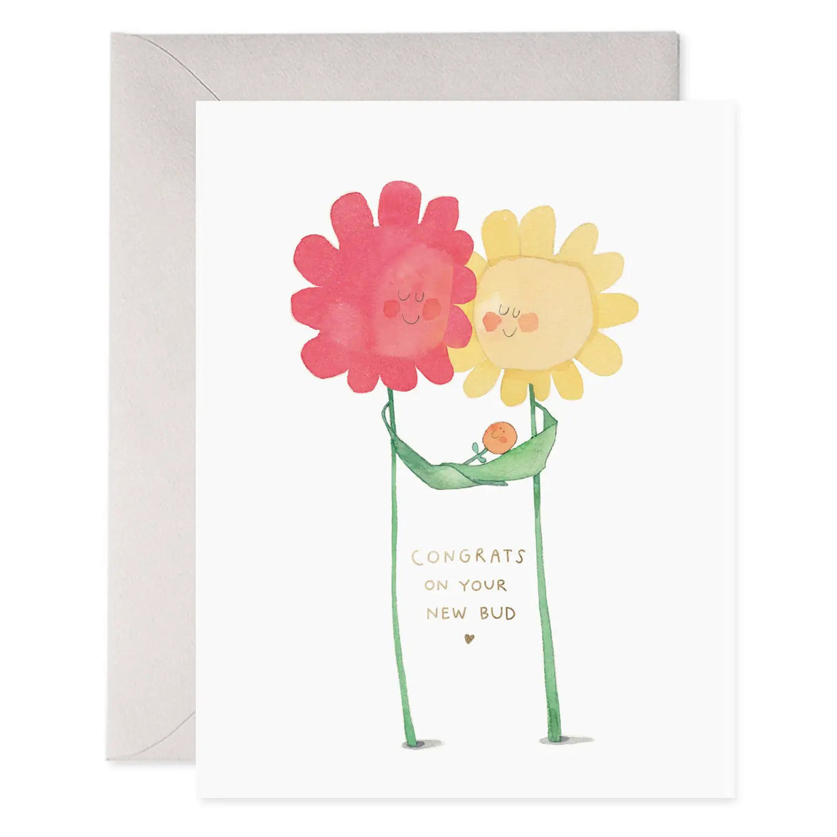 The E. FRANCES - NEW BUD NEW BABY GREETING CARD by E. FRANCES PAPER features two smiling watercolor flowers—one red, one yellow—hugging a baby bud in a green leaf. Text: &quot;Congrats on your new bud.&quot; Includes envelope. Printed on luxe heavyweight paper.