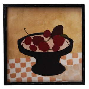 The CREATIVE COOP WOOD-FRAMED ABSTRACT WALL ART WITH FRUIT set features two pieces—one with a yellow background and pedestal bowl, the other with a blue background—an ideal modern decor accent.