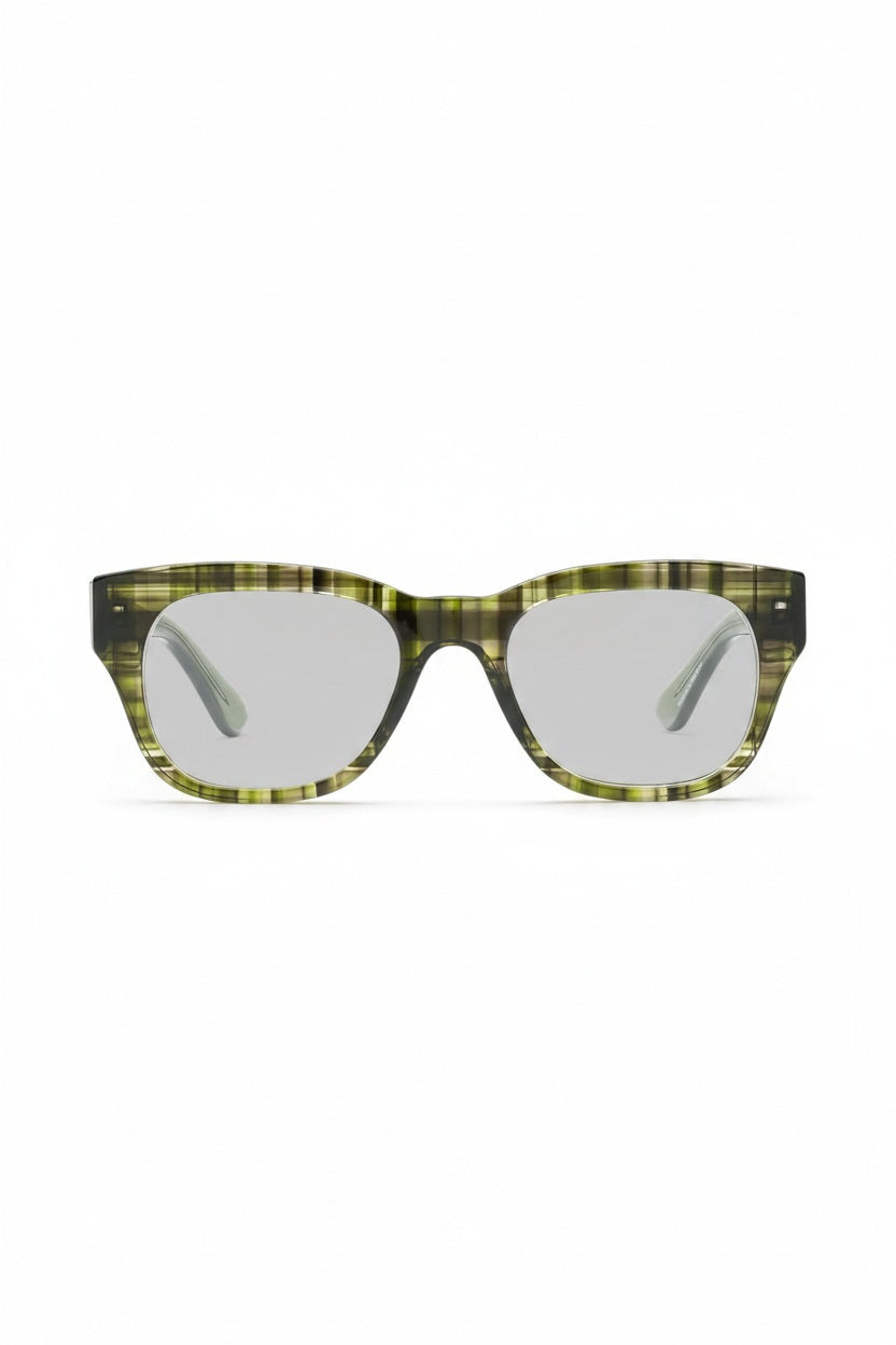 CADDIS MIKLOS READERS IN ENGINEERED GREEN square-framed reading glasses in a durable bio-based acetate frame with a muted green and brown striped pattern.