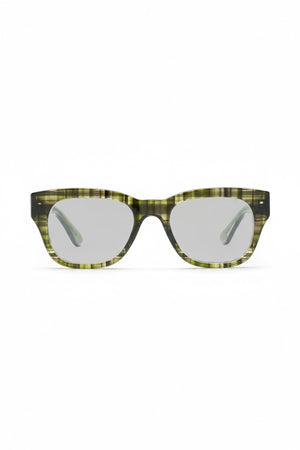 CADDIS MIKLOS READERS IN ENGINEERED GREEN square-framed reading glasses in a durable bio-based acetate frame with a muted green and brown striped pattern.