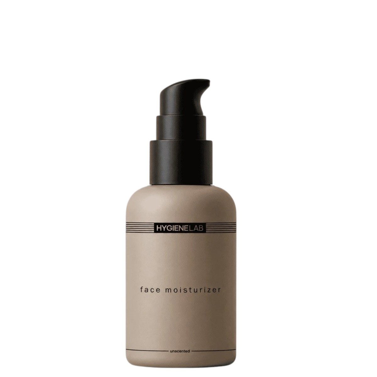A bottle of HYGIENELAB - FACE MOISTURIZER, UNSCENTED from HYGIENELAB rests on a dark slate surface, surrounded by smooth black stones and a smear of white cream accented with a dark streak—an unscented men’s face moisturizer formulated with ceramides to promote healthy, hydrated skin.