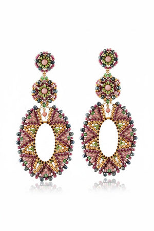 The MIGUEL ASES - CRYSTAL MIYUKI BEAD EARRINGS by MIGUEL ASES, INC. are colorful oval drop earrings featuring intricate Miyuki beadwork with pink, green, gold, and pearl accents and a botanical-inspired floral motif at the top.
