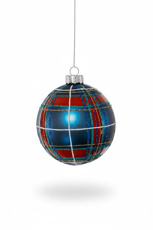 ZODAX 4″ PLAID BALL ORNAMENT, a four-inch round glass Christmas ornament featuring a blue, red, and green plaid pattern with white and gold accents.