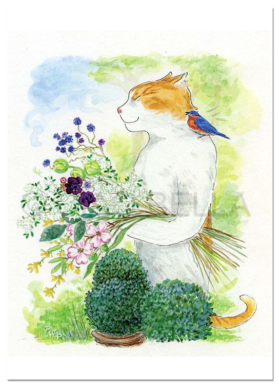 The CIAO BELLA - SOMETHING IN THE AIR CARD by CIAO BELLA showcases a delightful illustration by Pam Braun. It depicts a white and orange cat standing upright, holding a bouquet of flowers and grasses, with a small blue and orange bird perched on its shoulder. The background features lush green foliage against a clear blue sky, making it an ideal choice for boxed notes or note cards.