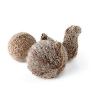 A fluffy, spherical toy from LAMBWOLF COLLECTIVE, resembling a squirrel with a bushy tail and small ears, rests on a white surface. Covered in soft brown and cream fur, this SQUIRREL POP DOG TOY LARGE is perfect as an adorable dog toy!.