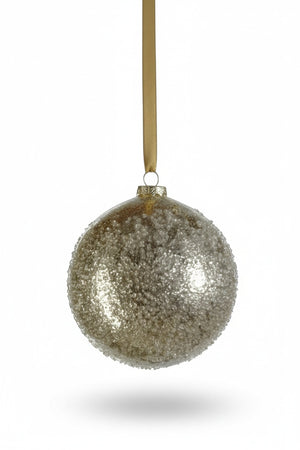 A ZODAX GOLDEN SUGAR BEAD GLASS BALL, a 12.07 cm diameter spherical glass Christmas ornament covered in gold-toned beads, hanging from a thin gold ribbon.