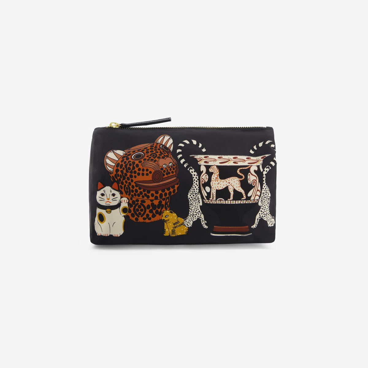 The INOUI EDITIONS - COLLECTIONNEUR CAT COSMETIC BAG by INOUI is a black clutch adorned with illustrations of a maneki-neko cat, a jaguar mask, a small gold animal, and an ancient vase featuring two animal figures. Crafted from stylish polyester with bovin leather accents, this bag features a top zipper closure and a sleek decorative design.