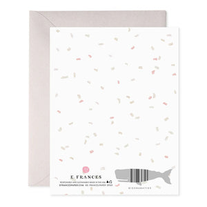The E. FRANCES PAPER - FROSTED WEDDING GREETING CARD features a charming watercolor illustration of a tiered wedding cake with light and dark stripes, adorned with pink and peach roses around a heart, and inscribed with "HAPPY HAPPY HAPPY HAPPY WEDDING!" An envelope adds an elegant touch.