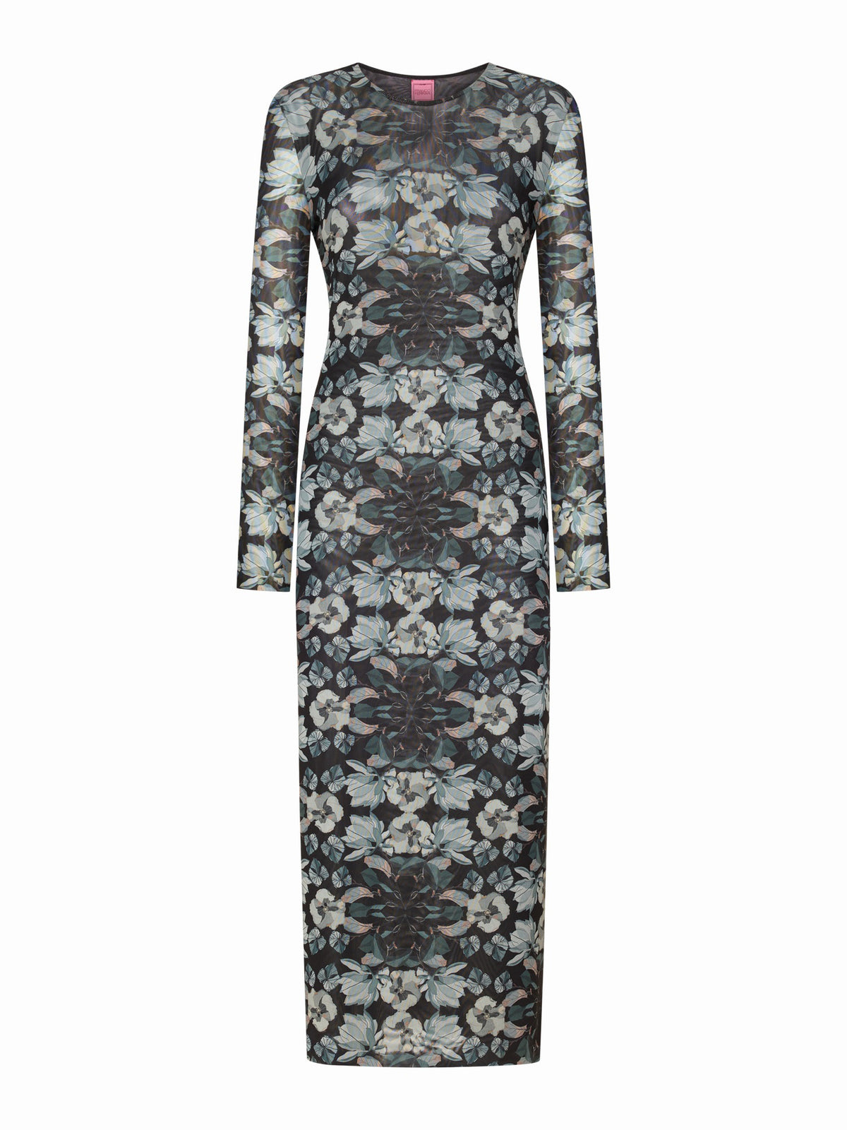 The FRANCO FERRARI BALLET MESH MIDI DRESS is a fitted, long-sleeve dress with a high neckline and an intricate gray, white, and muted blue floral print on dark stretch mesh, displayed on a white backdrop.