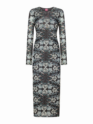 The FRANCO FERRARI BALLET MESH MIDI DRESS is a fitted, long-sleeve dress with a high neckline and an intricate gray, white, and muted blue floral print on dark stretch mesh, displayed on a white backdrop.