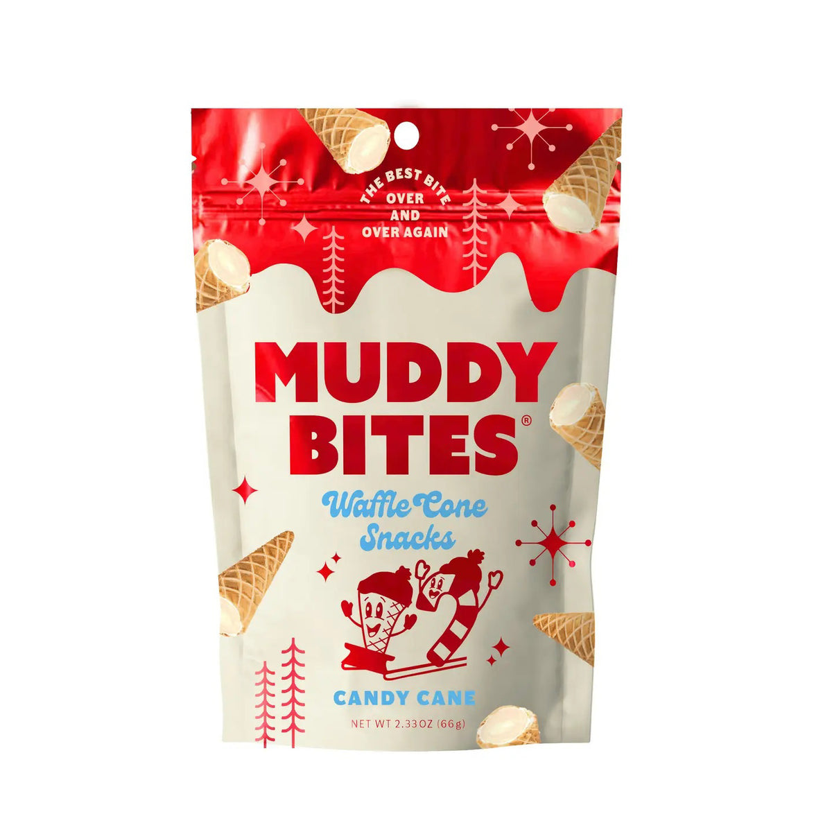 A bag of MUDDY BITES- CANDY CANE WAFFLE CONES by MUDDY BITES, featuring red and white packaging adorned with waffle cone illustrations and a cartoon of two people skiing. The text reads "The best bite over and over again," offering a delightful crunch with every piece, reminiscent of dark chocolate dreams.