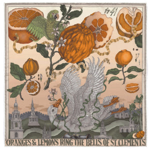 A woman in a beige short-sleeved top and matching skirt stands against a light background, adorned with the SABINA SAVAGE ORANGES AND LEMONS SILK TWILL SCARF in Cintrine/Zest. Her shoulder-length brown hair softly frames her face, enhancing her effortless elegance.