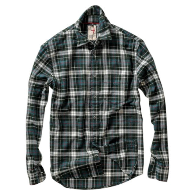 The RELWEN Flyweight Flannel Shirt in Forest Green Plaid is laid flat on a white background. Crafted from lightweight flannel, this soft long-sleeve button-up offers both comfort and style for everyday wear.