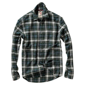 The RELWEN Flyweight Flannel Shirt in Forest Green Plaid is laid flat on a white background. Crafted from lightweight flannel, this soft long-sleeve button-up offers both comfort and style for everyday wear.