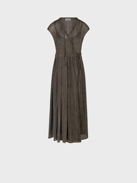 The SANDRO FERRONE - CROSSOVER V NECK DRESS is sleeveless, ankle-length, with metallic pleats, a belted waist, and a V-neckline, shown on a plain light gray background.