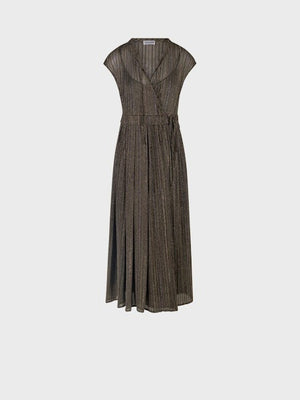 The SANDRO FERRONE - CROSSOVER V NECK DRESS is sleeveless, ankle-length, with metallic pleats, a belted waist, and a V-neckline, shown on a plain light gray background.