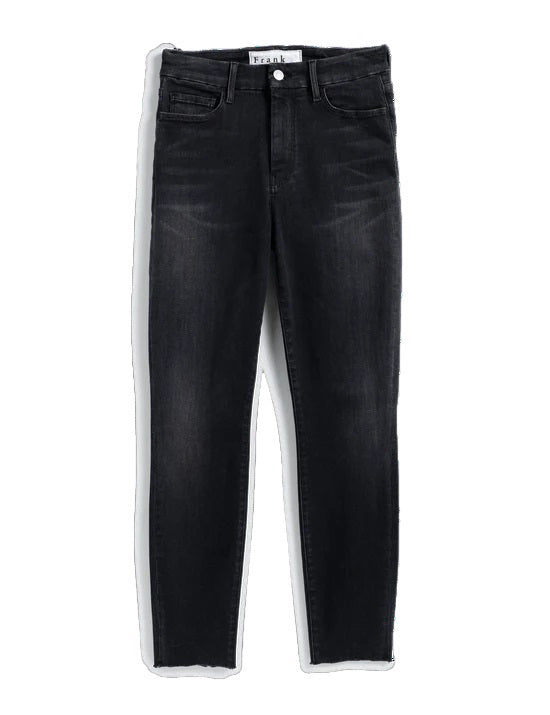 A pair of the FRANK &amp; EILEEN Sligo Skinny Jeans in the 1991 Wash is laid flat against a plain white background. These jeans feature a high-rise contour waistband, five pockets, and a slightly faded design on the thighs, offering a stylish and modern look with Italian Performance Denim for added comfort.