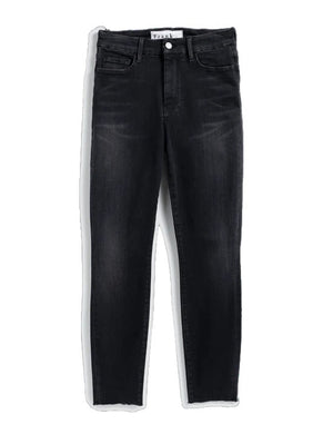 A pair of the FRANK & EILEEN Sligo Skinny Jeans in the 1991 Wash is laid flat against a plain white background. These jeans feature a high-rise contour waistband, five pockets, and a slightly faded design on the thighs, offering a stylish and modern look with Italian Performance Denim for added comfort.