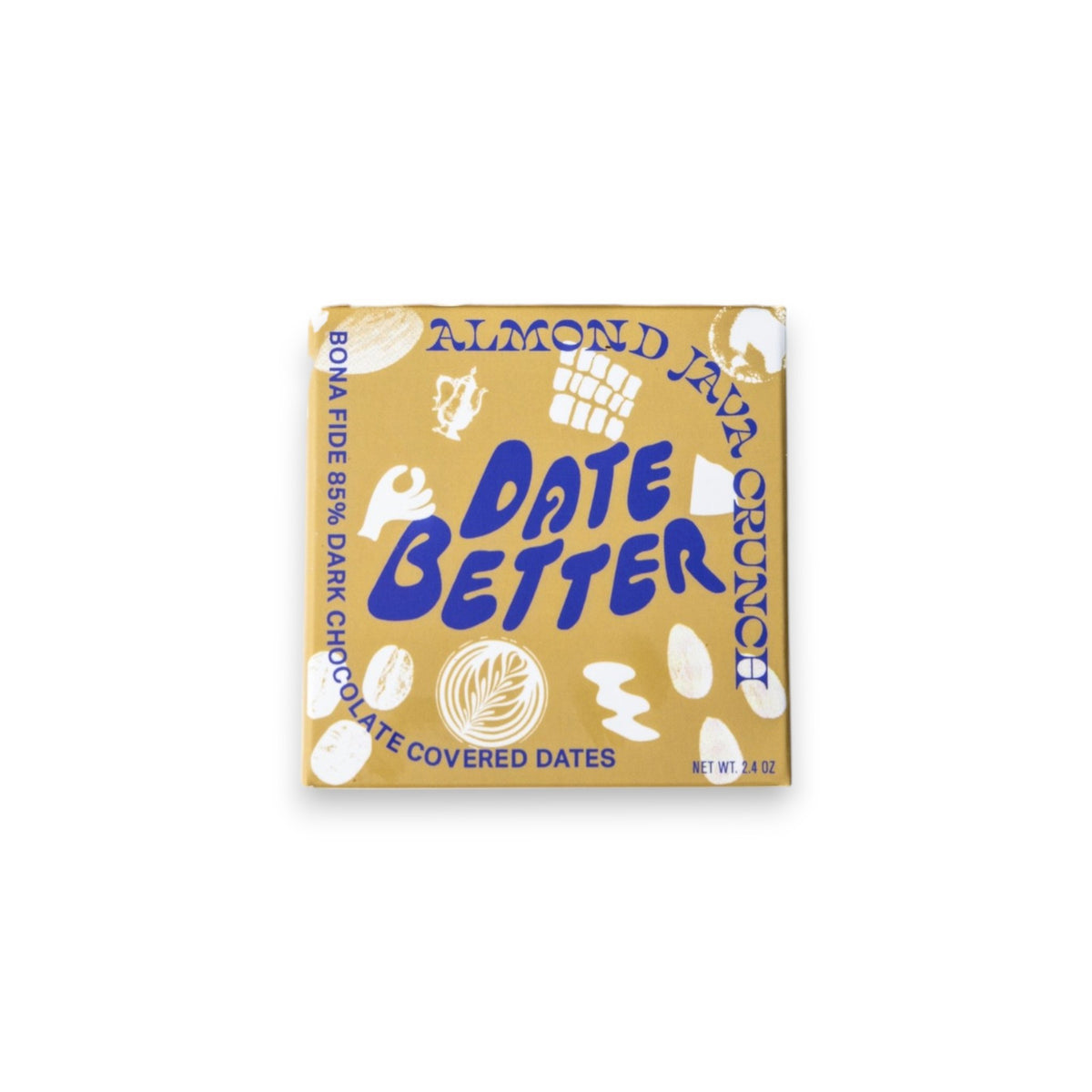 Three DATE BETTER - ALMOND JAVA CRUNCH COVERED DATES, by DATE BETTER SNACKS, arranged on a dark slate surface offer a deliciously healthy candy alternative.