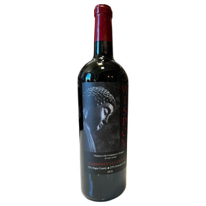 A bottle of 2018 B. WISE VINEYARDS ‘WISDOM’ CABERNET SAUVIGNON with a red foil capsule and a black label featuring an image of a Buddha statue and the word “WISDOM” in red vertical text.